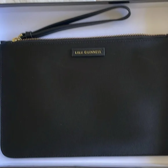 Lulu Guinness black satin pouch with gold glitter lip logo and wrist strap - Picture 3 of 5